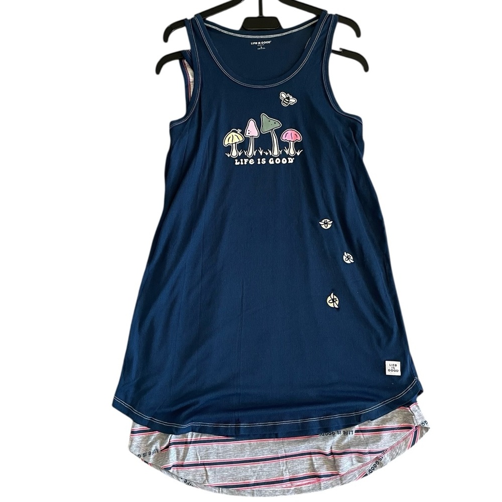 Life Is Good Blue Tank Dress with Mushroom Design Sleep Wear Size L